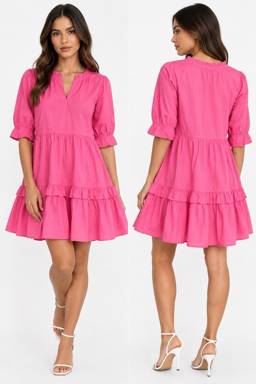ZARA WOMEN PINK RUFFLE TIERED MINI DRESS PUFF SLEEVE BABYDOLL NEW NO TAG